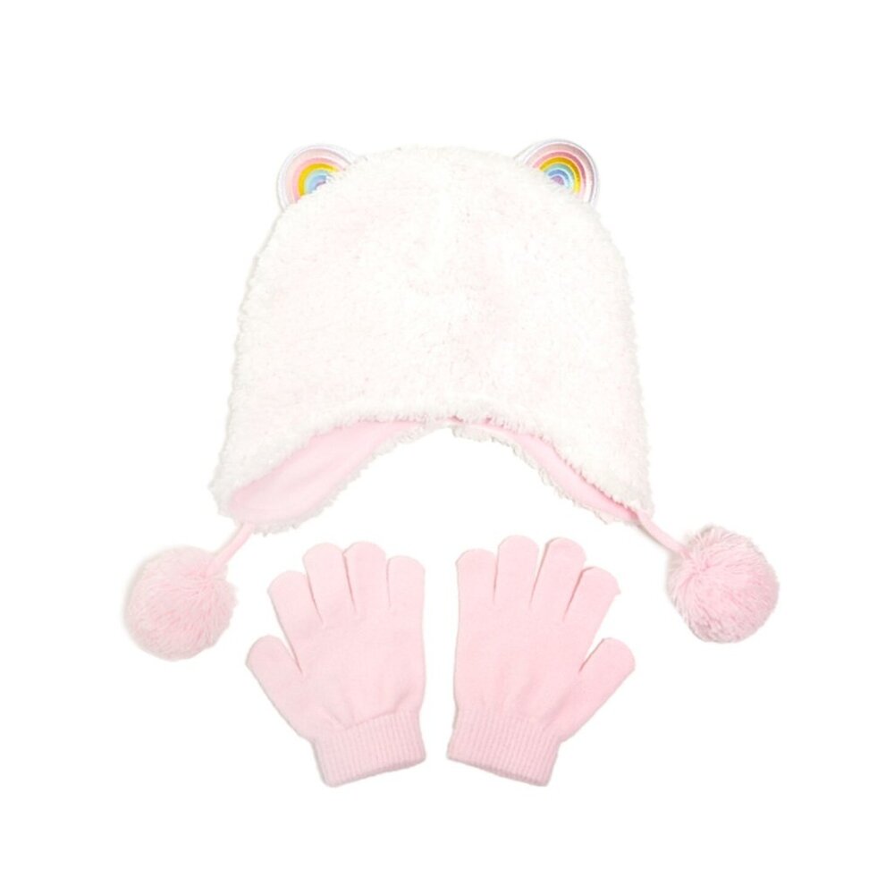 InMocean Little Girls Rainbow Ear Sherpa Heidi 2 Piece Set Pink Hat Gloves